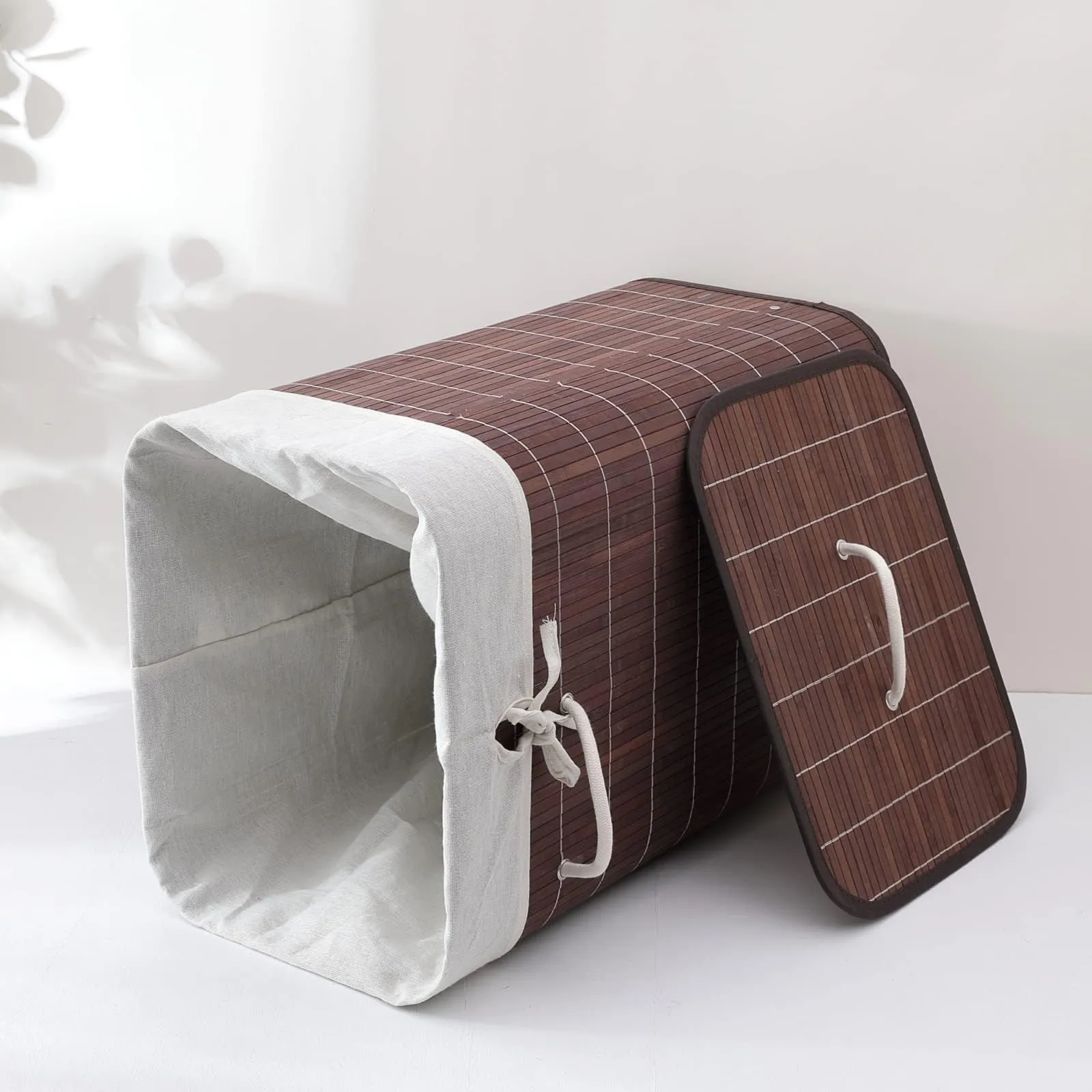 Heart Home Bamboo Basket With Lid|Foldable Laundry Basket For Clothes|Durable Rope Handles & Removable Bag|Dark Brown|