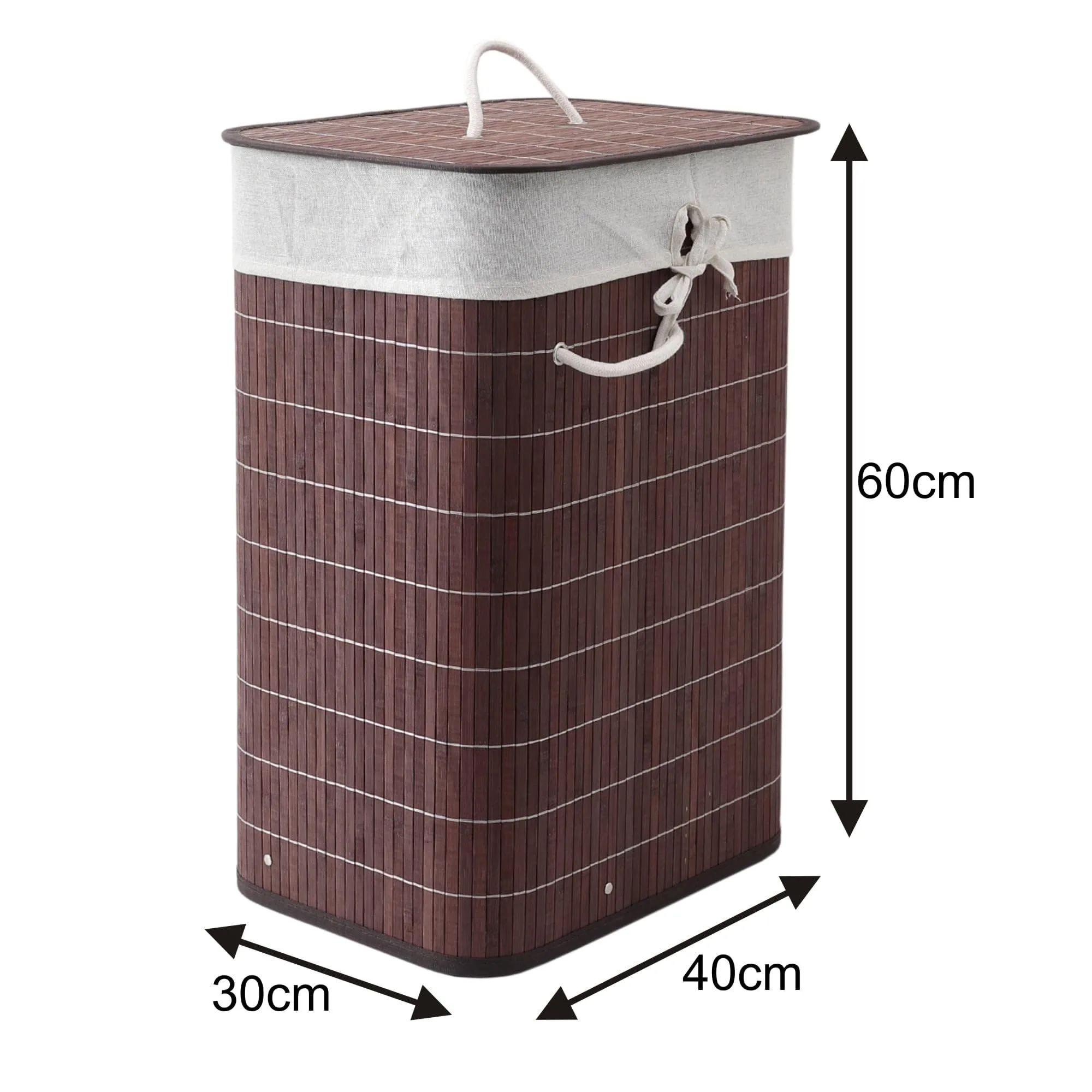 Heart Home Bamboo Basket With Lid|Foldable Laundry Basket For Clothes|Durable Rope Handles & Removable Bag|Dark Brown|