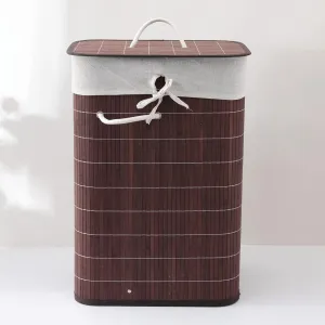 Heart Home Bamboo Basket With Lid|Foldable Laundry Basket For Clothes|Durable Rope Handles & Removable Bag|Dark Brown|