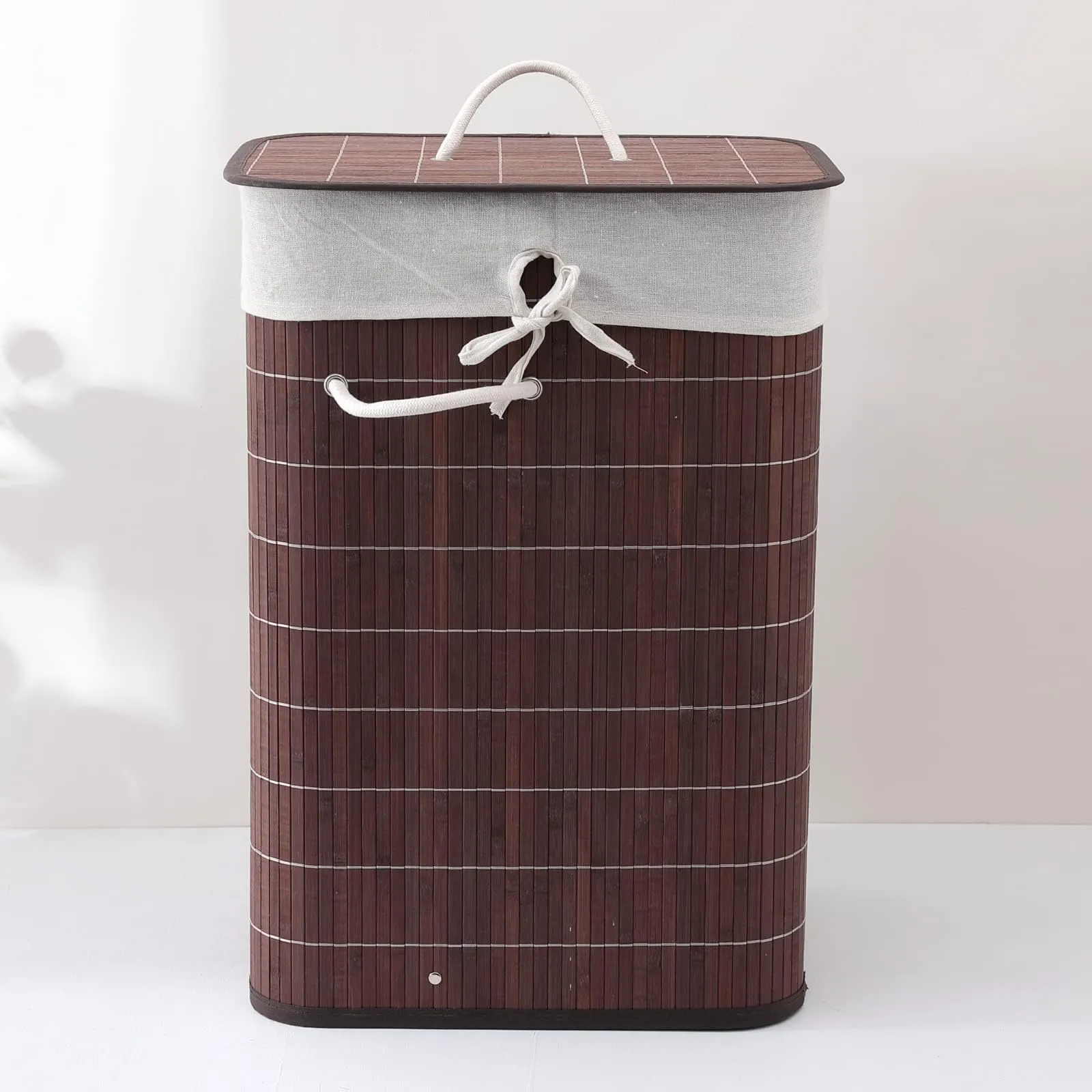Heart Home Bamboo Basket With Lid|Foldable Laundry Basket For Clothes|Durable Rope Handles & Removable Bag|Dark Brown|
