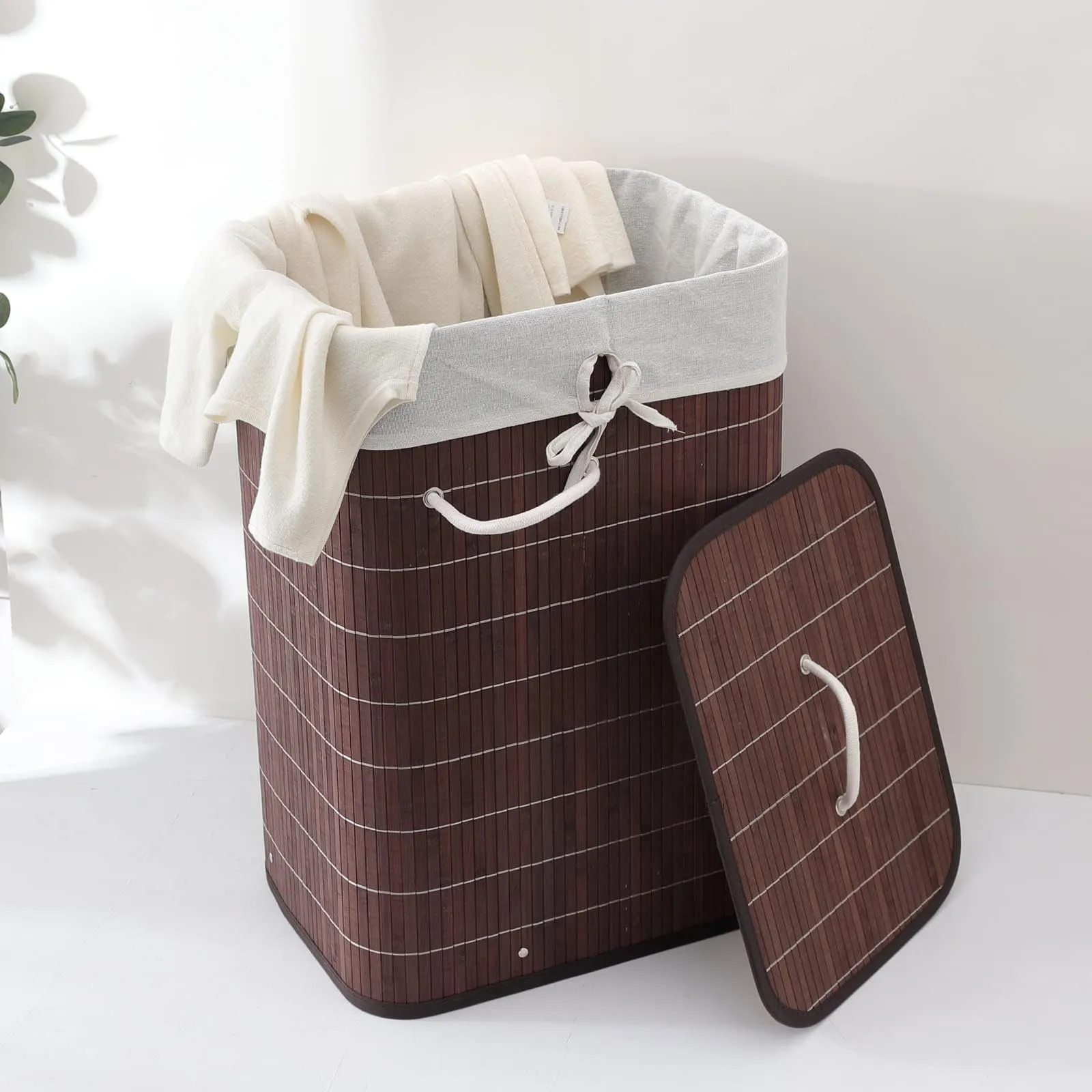 Heart Home Bamboo Basket With Lid|Foldable Laundry Basket For Clothes|Durable Rope Handles & Removable Bag|Dark Brown|