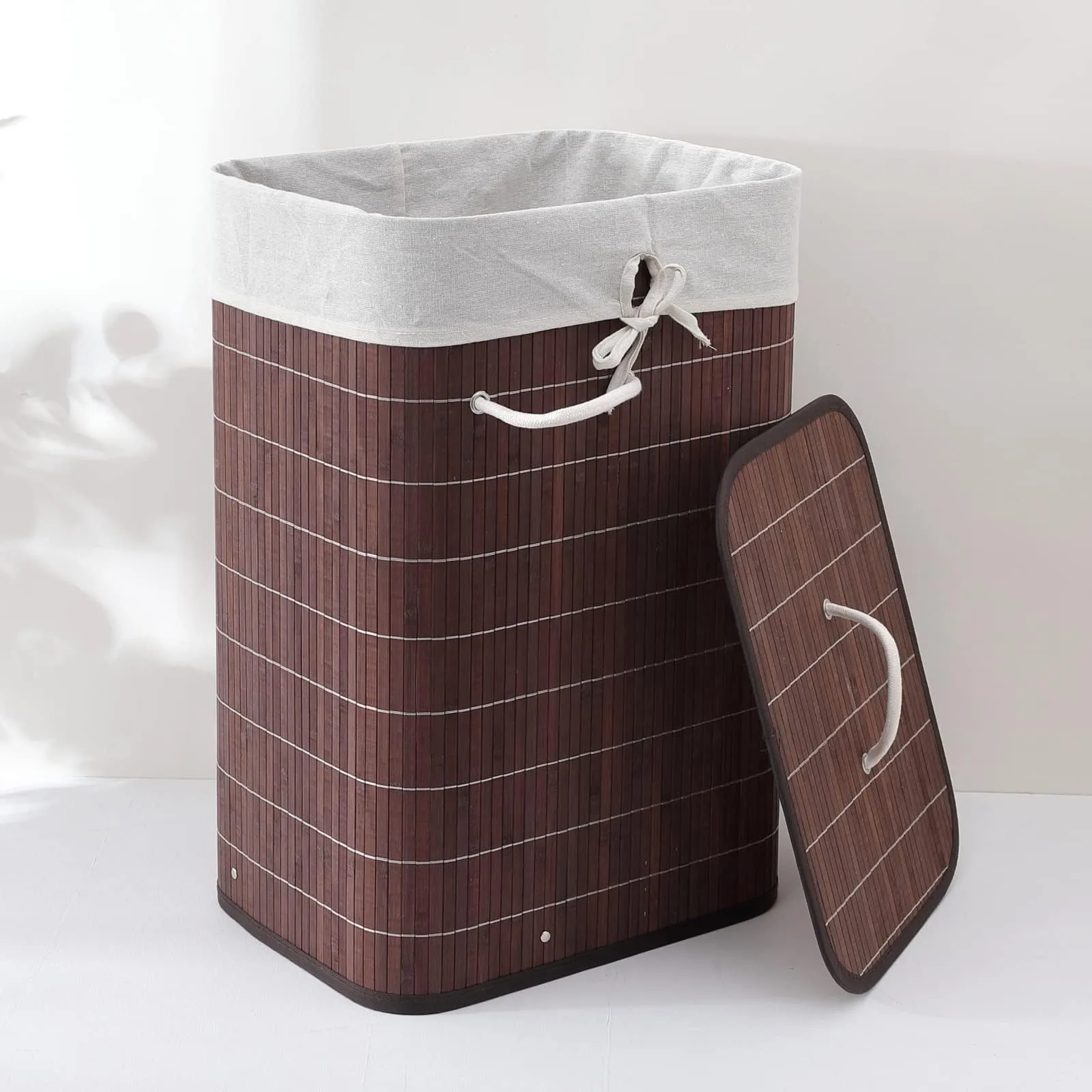 Heart Home Bamboo Basket With Lid|Foldable Laundry Basket For Clothes|Durable Rope Handles & Removable Bag|Dark Brown|