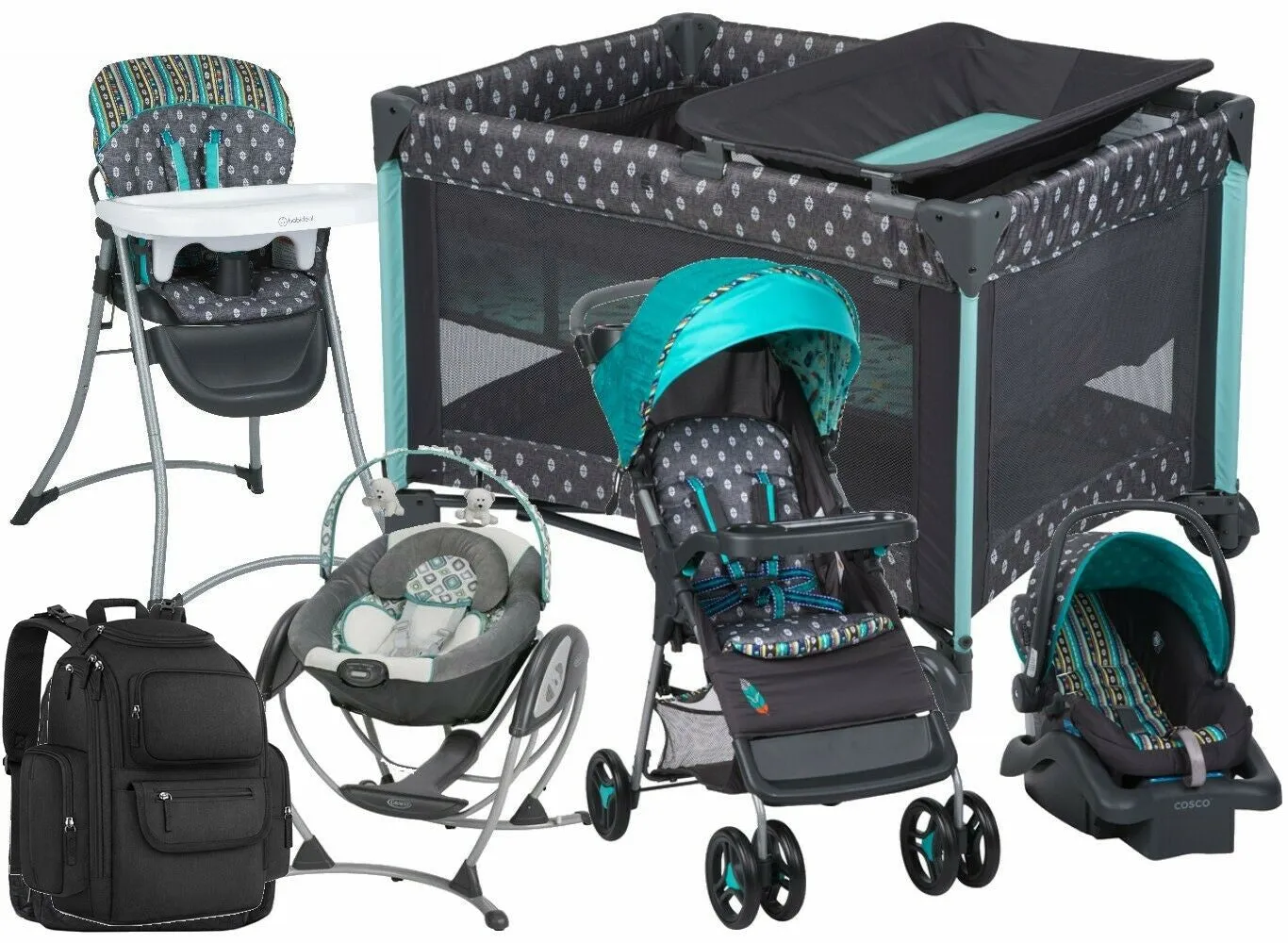 Newborn Baby Stroller with Car Seat Playard Diaper Bag Infant Swing Chair Combo