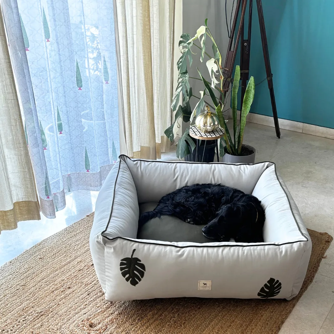 PoochMate Light Grey Olive Monstera Dog Bed