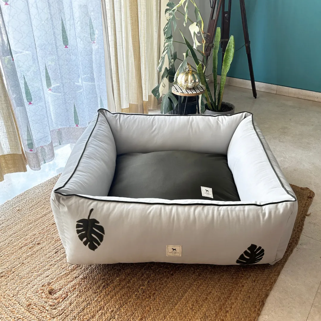 PoochMate Light Grey Olive Monstera Dog Bed