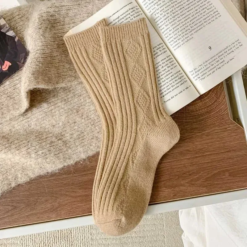 Sohiwoo Cashmere Wool Winter Socks Women Thicken Female Warm Socks Korean Fashion Harajuku Solid Color Knitted Thermal Long Socks