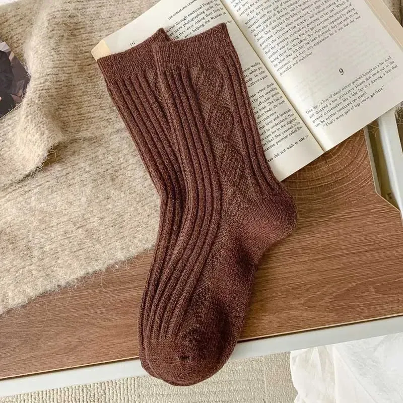 Sohiwoo Cashmere Wool Winter Socks Women Thicken Female Warm Socks Korean Fashion Harajuku Solid Color Knitted Thermal Long Socks