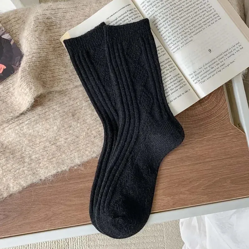 Sohiwoo Cashmere Wool Winter Socks Women Thicken Female Warm Socks Korean Fashion Harajuku Solid Color Knitted Thermal Long Socks