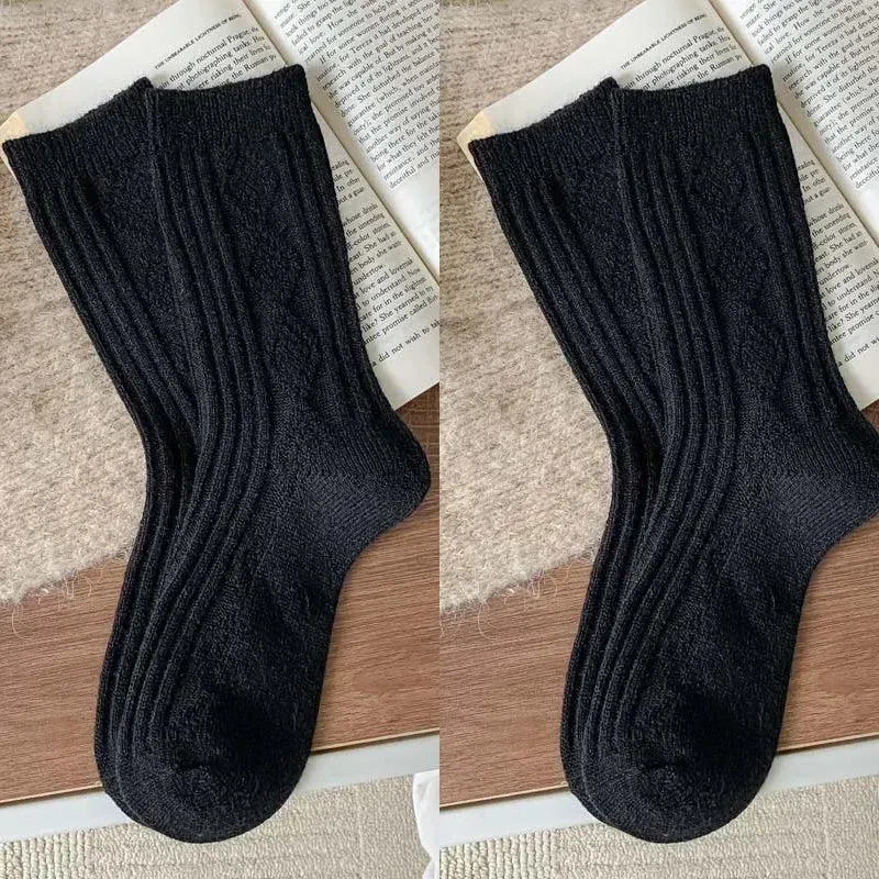 Sohiwoo Winter Warm Women Socks Thicken Cashmere Wool Socks Girls Fashion Korean Harajuku Knitted Rhombus Pattern Thermal Long Socks
