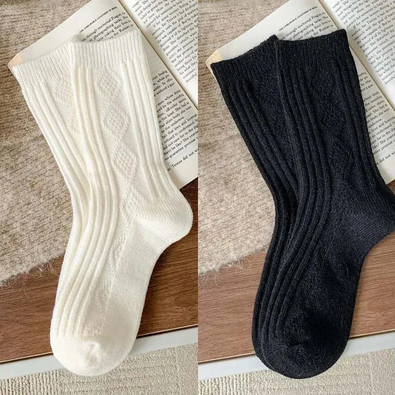 Sohiwoo Winter Warm Women Socks Thicken Cashmere Wool Socks Girls Fashion Korean Harajuku Knitted Rhombus Pattern Thermal Long Socks