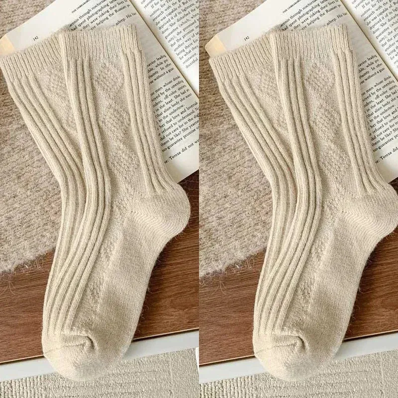 Sohiwoo Winter Warm Women Socks Thicken Cashmere Wool Socks Girls Fashion Korean Harajuku Knitted Rhombus Pattern Thermal Long Socks