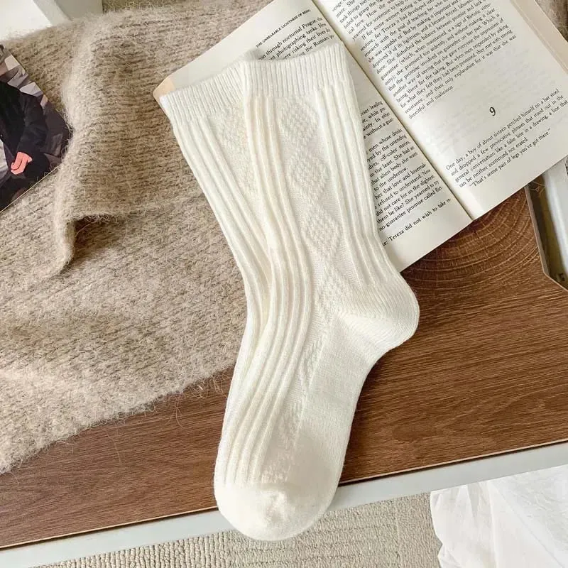 Sohiwoo Winter Warm Women Socks Thicken Cashmere Wool Socks Girls Fashion Korean Harajuku Knitted Rhombus Pattern Thermal Long Socks