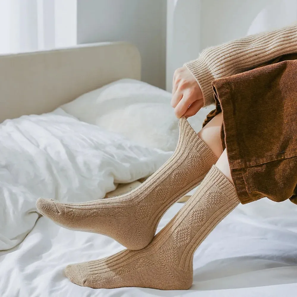 Sohiwoo Winter Warm Women Socks Thicken Cashmere Wool Socks Girls Fashion Korean Harajuku Knitted Rhombus Pattern Thermal Long Socks